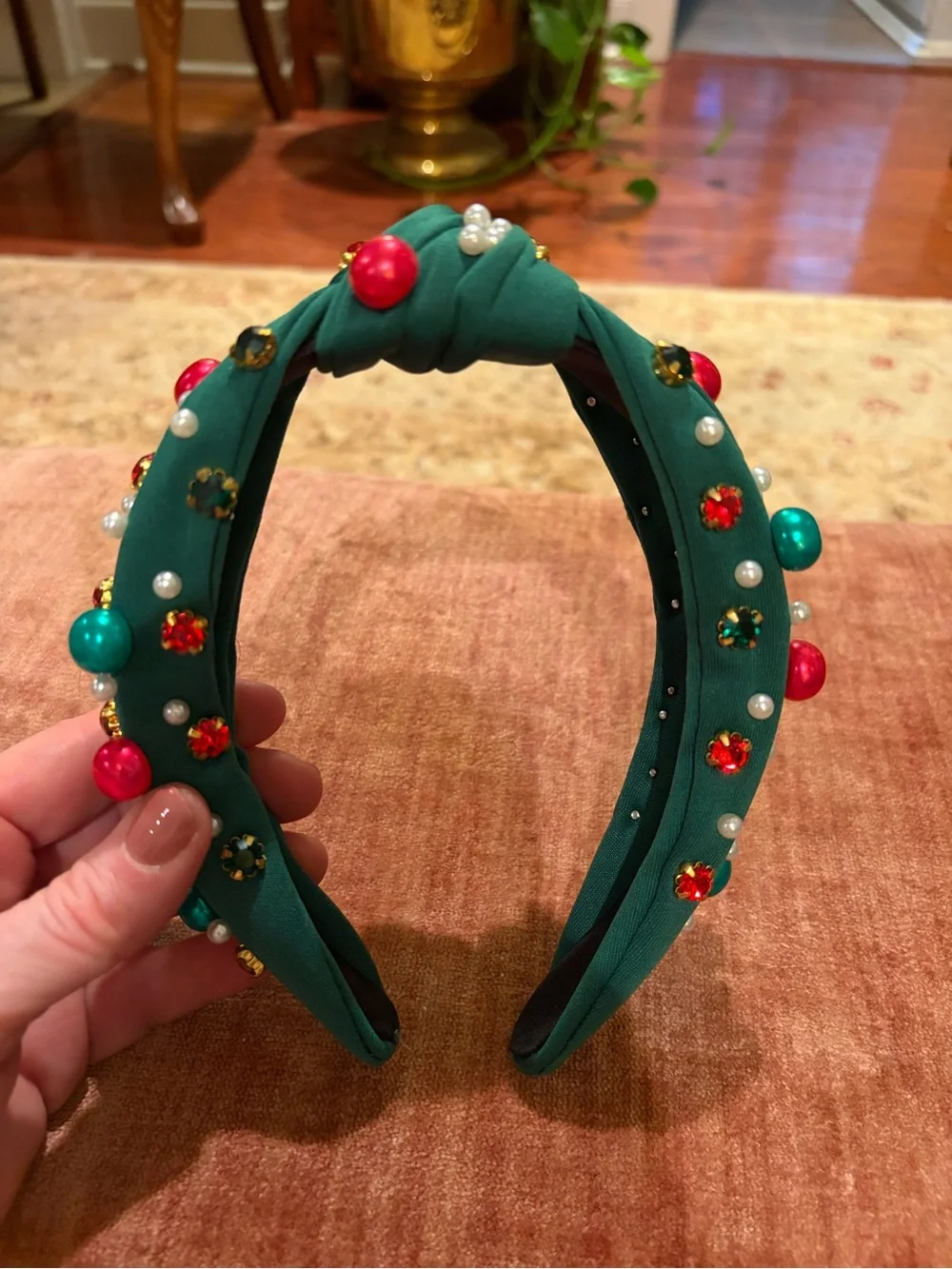 NWOT Embellished Emerald Knot Headband with Pearls & Gems Christmas teacher